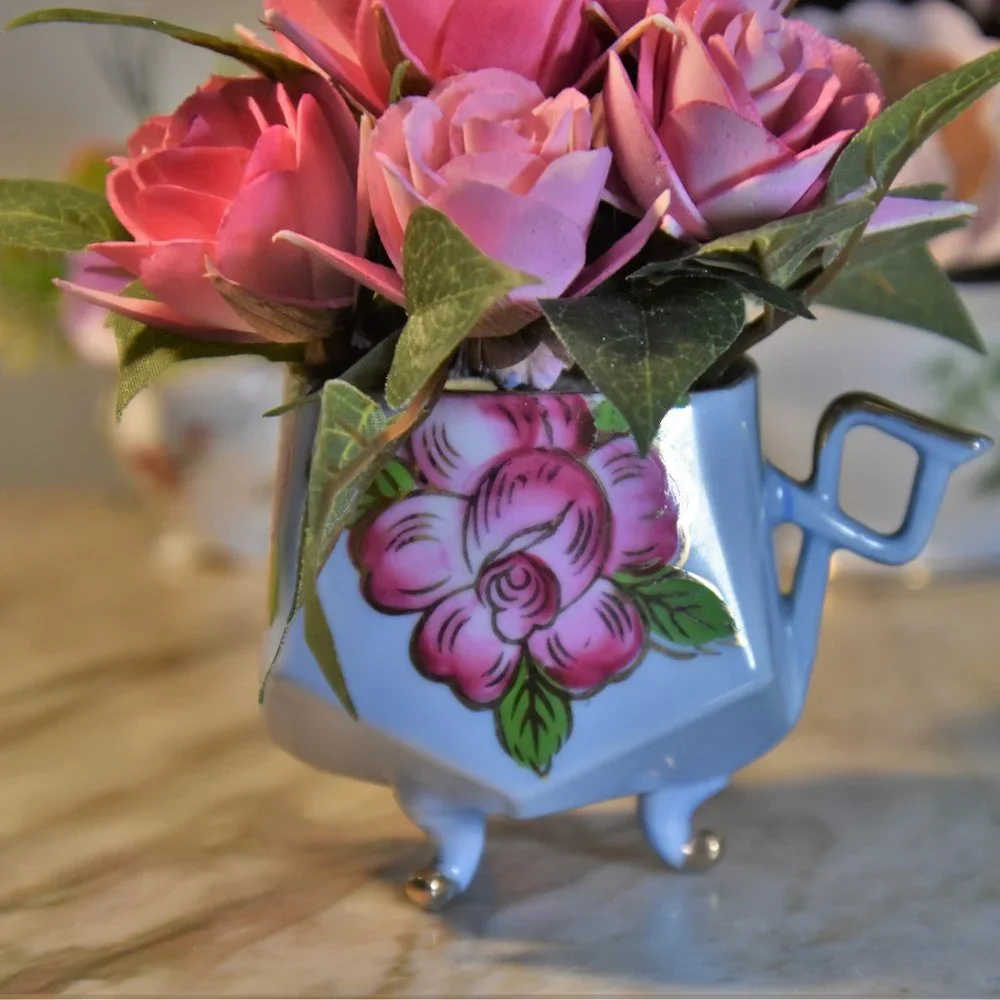 Beautiful antique square single handle footed sugar bowl with Sola wood roses